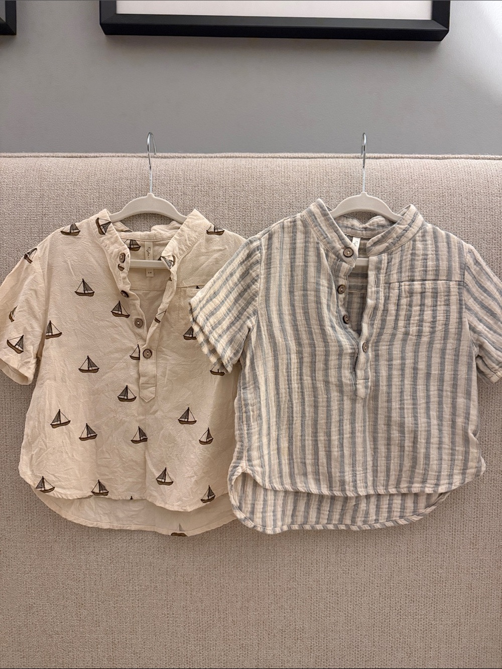 Rylee + Cru Cream Sailboat Print & Blue-Gray Striped Button Henleys Set of 2
